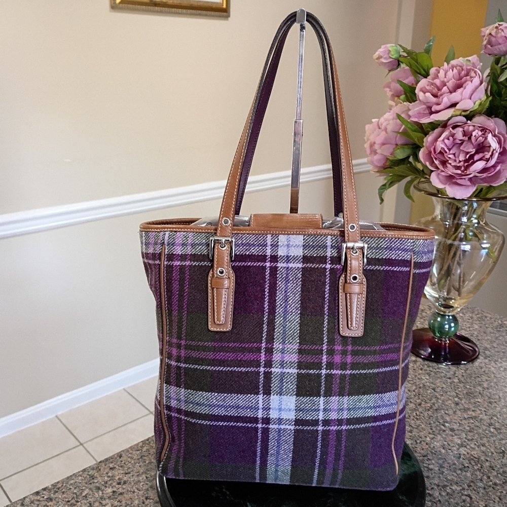 Coach Wool Plaid Purple Tote - Picture 9 of 16